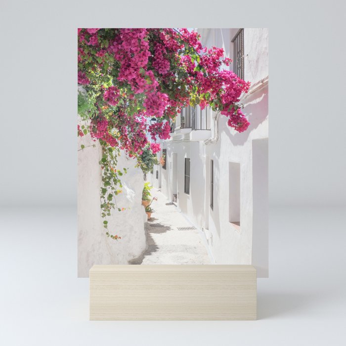 White Village Series, White washed alley, Bougainvillea, Travel Photography, Europe Mini Art Print