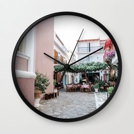 Greek Street in Skiathos | Picturesque Cobblestone Alley in Greece | Pastel coloured Travel Photo Wall Art Print with White and Pink Walls Wall Clock