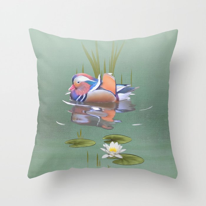 Mandarin Duck & Lotus Flower Throw Pillow