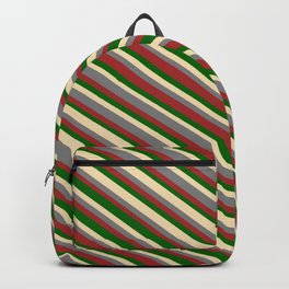 [ Thumbnail: Tan, Gray, Brown & Dark Green Colored Lines/Stripes Pattern Backpack ]