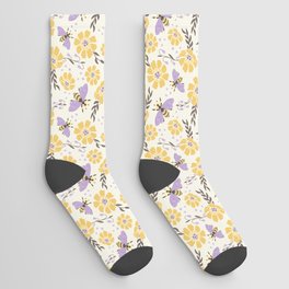 Honey Bees and Flowers - Yellow and Lavender Purple Socks
