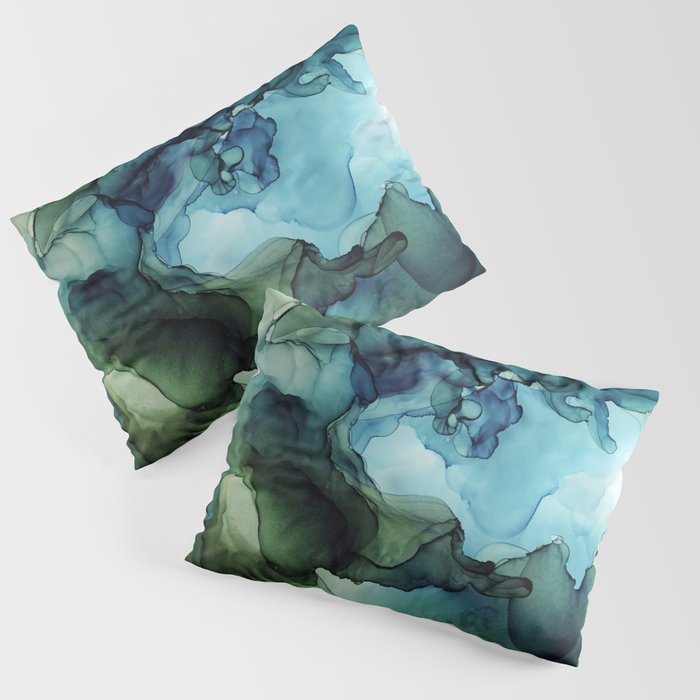 Land and Water Abstract Ink Painting Blues and Greens Pillow Sham