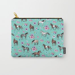 Hand drawn horses, Flower horses, Floral Pattern, Aqua Blue Carry-All Pouch