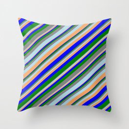 [ Thumbnail: Colorful Blue, Green, Grey, Light Blue, and Brown Colored Stripes Pattern Throw Pillow ]