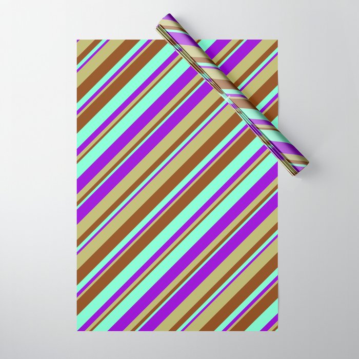 Aquamarine, Dark Violet, Dark Khaki, and Brown Colored Stripes/Lines Pattern Wrapping Paper