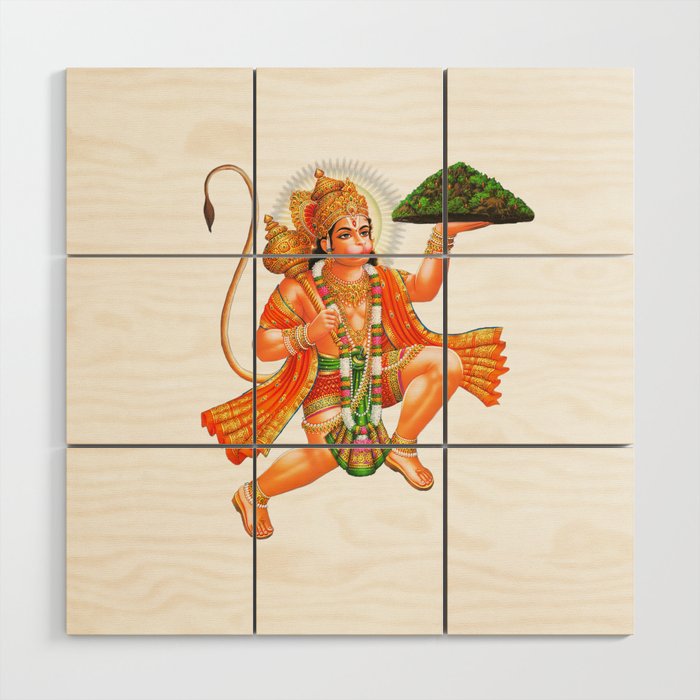 Lord Hanuman carrying Sanjivani Mountain Wood Wall Art