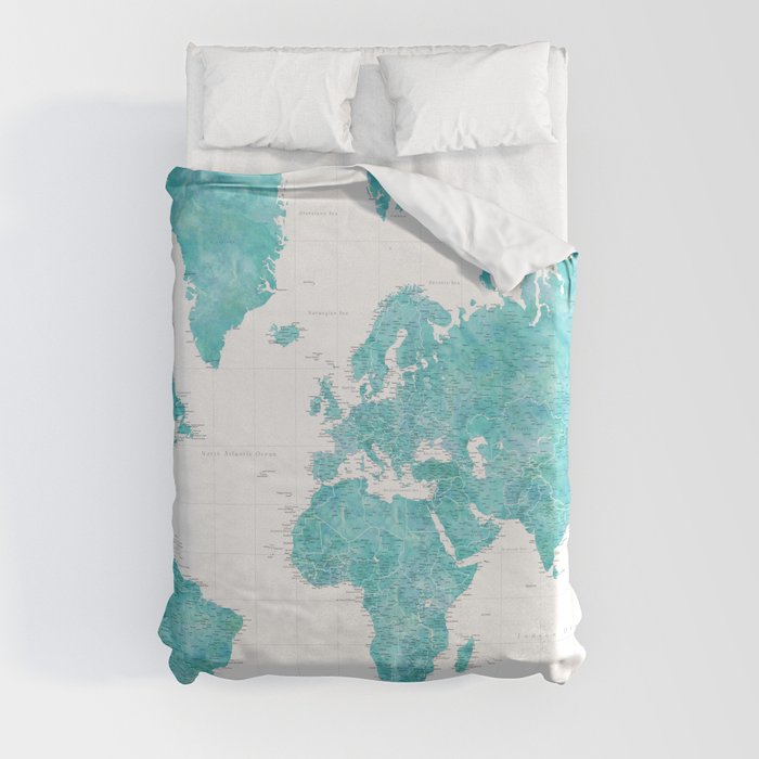 Highly detailed watercolor world map in aquamarine Duvet Cover