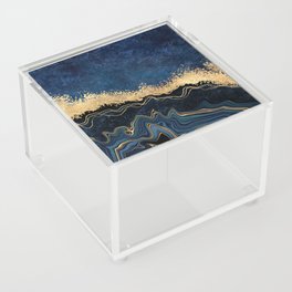 Deep Cerulean + Gold Abstract Shoreline Waves Acrylic Box