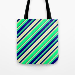 [ Thumbnail: Pale Goldenrod, Green, and Blue Colored Stripes/Lines Pattern Tote Bag ]