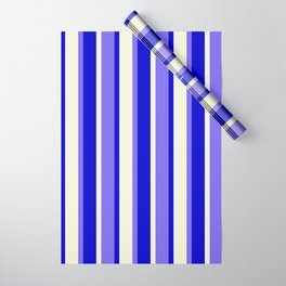 [ Thumbnail: Medium Slate Blue, Blue, and Beige Colored Striped/Lined Pattern Wrapping Paper ]