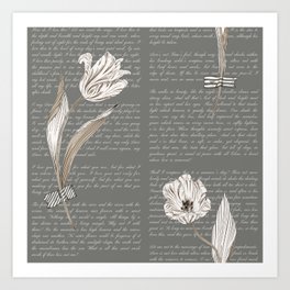 Vintage Tulips Pattern Grey Art Print