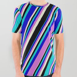 [ Thumbnail: Eye-catching Dark Turquoise, Blue, Orchid, Beige, and Black Colored Stripes Pattern All Over Graphic Tee ]
