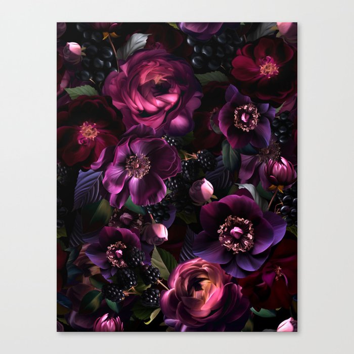 Vintage Spring Night Romanticism: Maximalism Purple Bold Moody Florals - Antiqued burgundy Roses and Peonies Nostalgic Gothic  - Antique Botany Wallpaper and Victorian Goth Mystic inspired Canvas Print