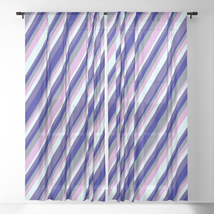 Slate Gray, Plum, Light Cyan, Dark Slate Blue, and Dark Blue Colored Lined/Striped Pattern Sheer Curtain