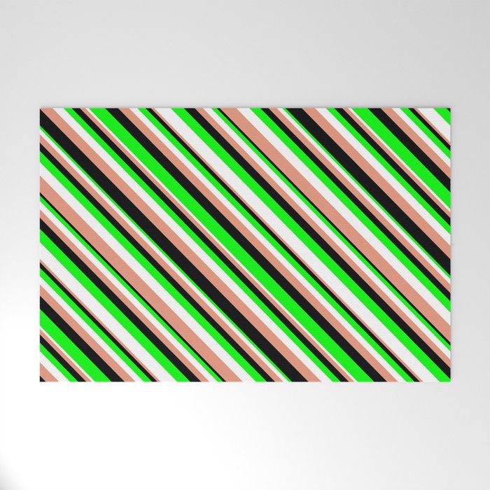 Lime, White, Dark Salmon, and Black Colored Pattern of Stripes Welcome Mat