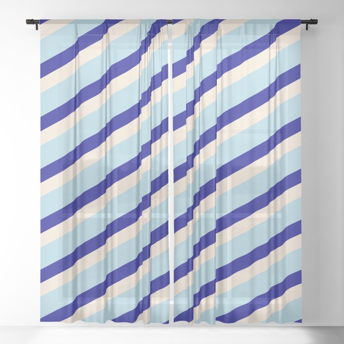 Beige, Light Blue, and Dark Blue Colored Lined Pattern Sheer Curtain