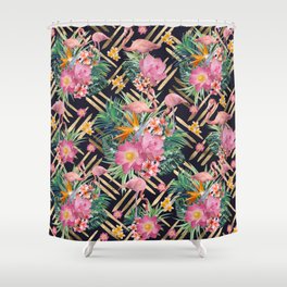 Tropical floral, flamingos and gold strokes pattern Shower Curtain