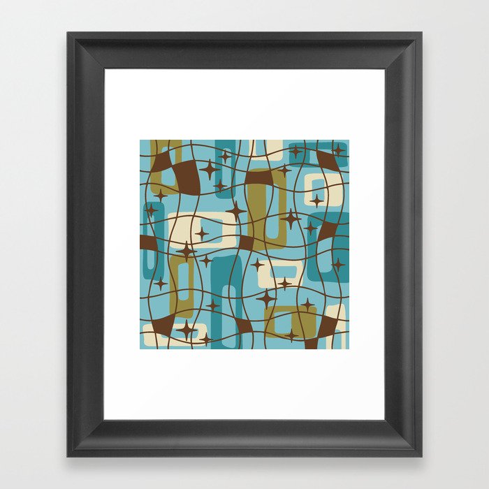 Mid Century Modern Cosmic Squares Pattern 323 Umber Blue and Beige Framed Art Print
