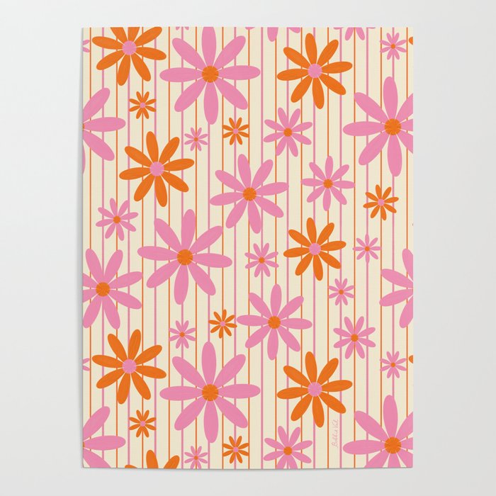  Retro 70s Groovy Daisy Pattern with Stripes, Hot Orange and Pink Poster