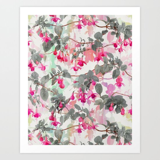 Rainbow Fuchsia Floral Pattern - with grey Art Print