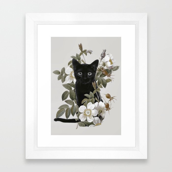 Cat With Flowers Framed Art Print