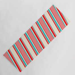 [ Thumbnail: Light Coral, Dark Turquoise, Beige & Red Colored Lines/Stripes Pattern Yoga Mat ]