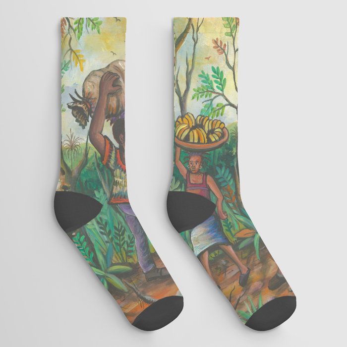 To the Market III African village painting Socks