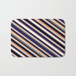 [ Thumbnail: Colorful Brown, White, Dim Gray, Black & Midnight Blue Colored Lines Pattern Bath Mat ]