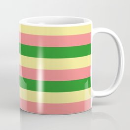 [ Thumbnail: Tan, Light Coral, and Forest Green Colored Lined Pattern Coffee Mug ]
