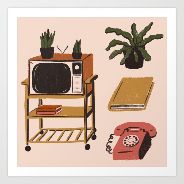 Vintage TV, Book, Plant Collection Illustrations Art Print