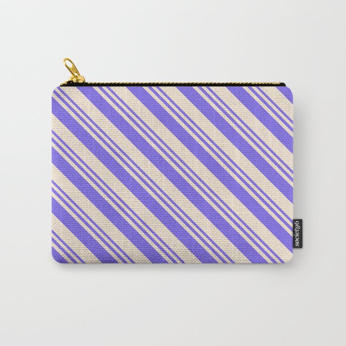 Medium Slate Blue and Beige Colored Lines/Stripes Pattern Carry-All Pouch