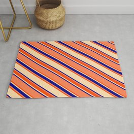 [ Thumbnail: Coral, Red, Tan, and Dark Blue Colored Lines/Stripes Pattern Rug ]