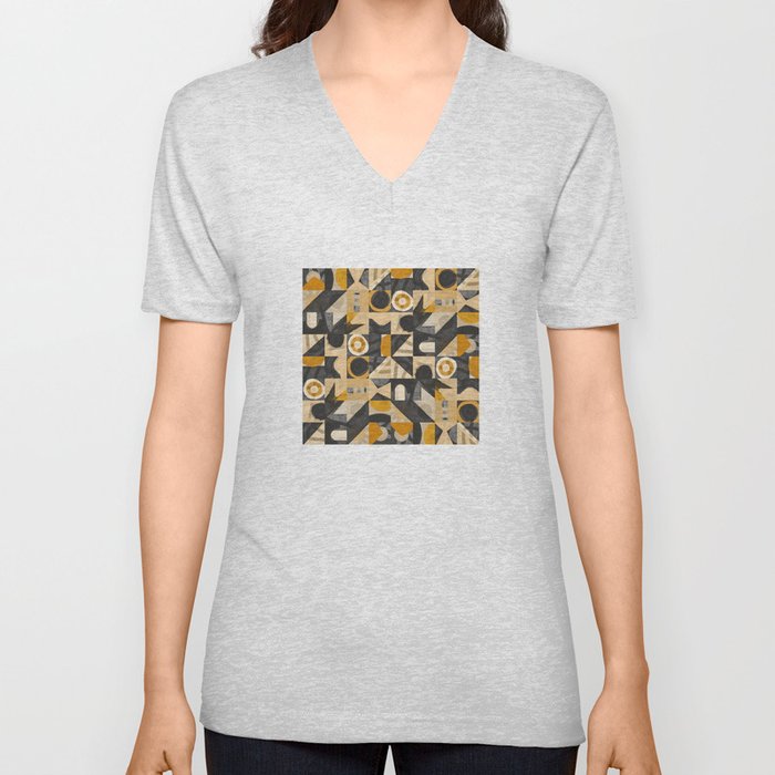 Yellow sand mid century grid pattern V Neck T Shirt