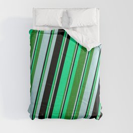 [ Thumbnail: Green, Forest Green, Powder Blue, and Black Colored Striped/Lined Pattern Comforter ]