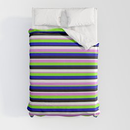 [ Thumbnail: Vibrant Violet, Chartreuse, Blue, Black & White Colored Stripes/Lines Pattern Duvet Cover ]