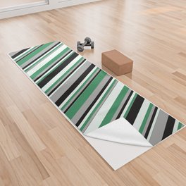 [ Thumbnail: Dark Gray, Sea Green, Mint Cream, and Black Colored Stripes/Lines Pattern Yoga Towel ]