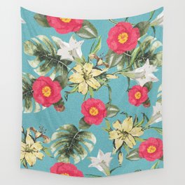 Paradise Flowers bright turquoise Wall Tapestry