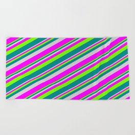 [ Thumbnail: Light Grey, Fuchsia, Green, and Dark Cyan Colored Lines/Stripes Pattern Beach Towel ]