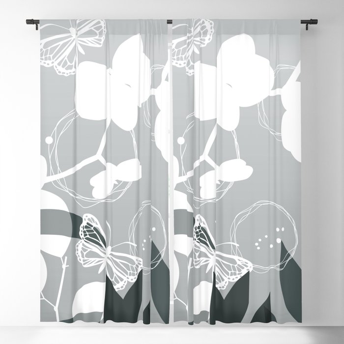 PPG Night Watch Pewter Green Botanicals and Butterflies Graphic Design Blackout Curtain
