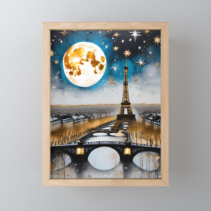 Christmas In Paris - Eiffel Tower Gold and Silver Landscape Winter Art Framed Mini Art Print