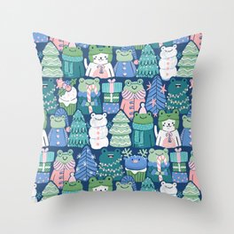 Christmas frogs and cat Throw Pillow