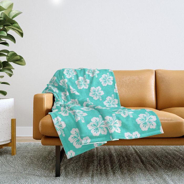 Turquoise and White Hibiscus Pattern Throw Blanket
