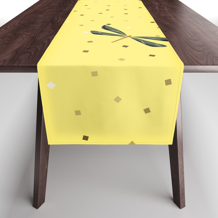 Dragonfly Christmas seamless pattern and Gold Confetti on Yellow Background Table Runner