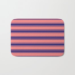 [ Thumbnail: Light Coral and Midnight Blue Colored Striped/Lined Pattern Bath Mat ]