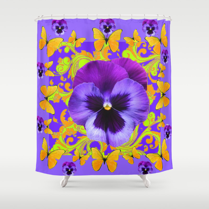 Purple Pansies Yellow Butterflies Abstract Floral Shower Curtain