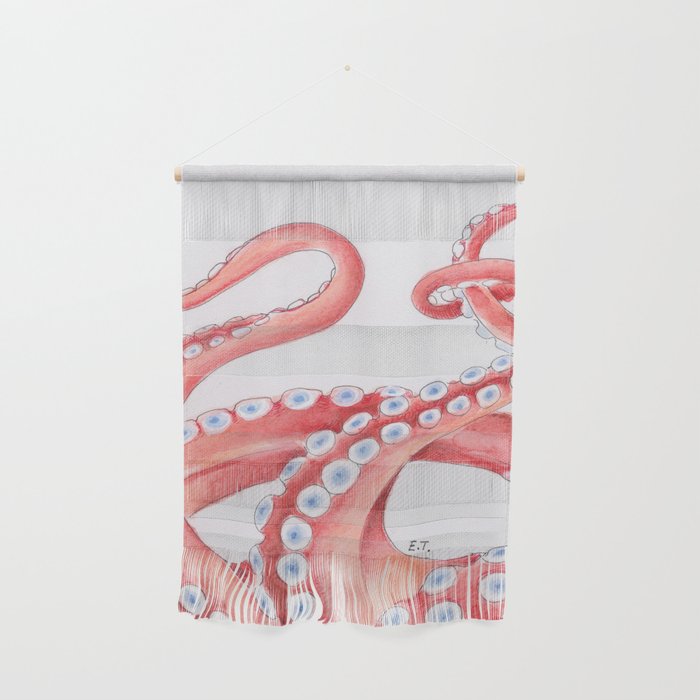 Red Tentacles Octopus Watercolor Ink Wall Hanging