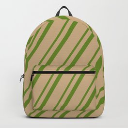 [ Thumbnail: Green & Tan Colored Lined/Striped Pattern Backpack ]