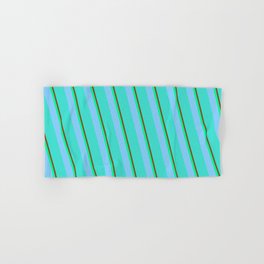 [ Thumbnail: Brown, Green, Light Sky Blue, and Turquoise Colored Striped/Lined Pattern Hand & Bath Towel ]