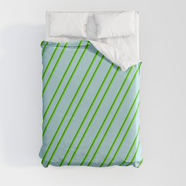 [ Thumbnail: Powder Blue, Forest Green & Chartreuse Colored Lines Pattern Duvet Cover ]