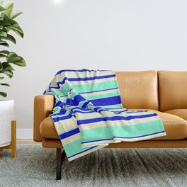 [ Thumbnail: Light Yellow, Aquamarine, and Blue Colored Striped/Lined Pattern Throw Blanket ]